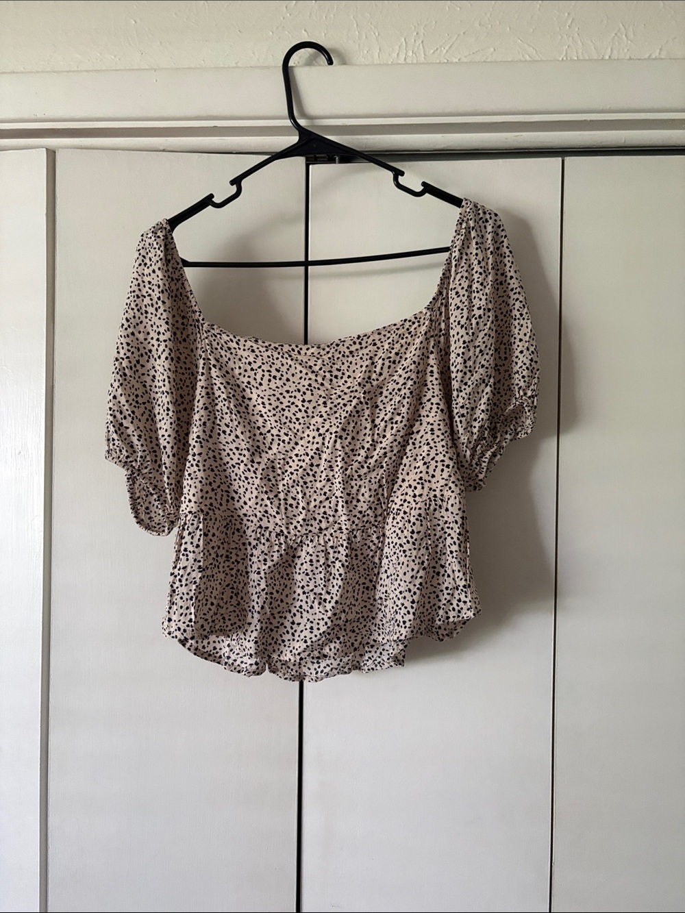 American Eagle Outfitters Cream Blouse with Black Dot Print